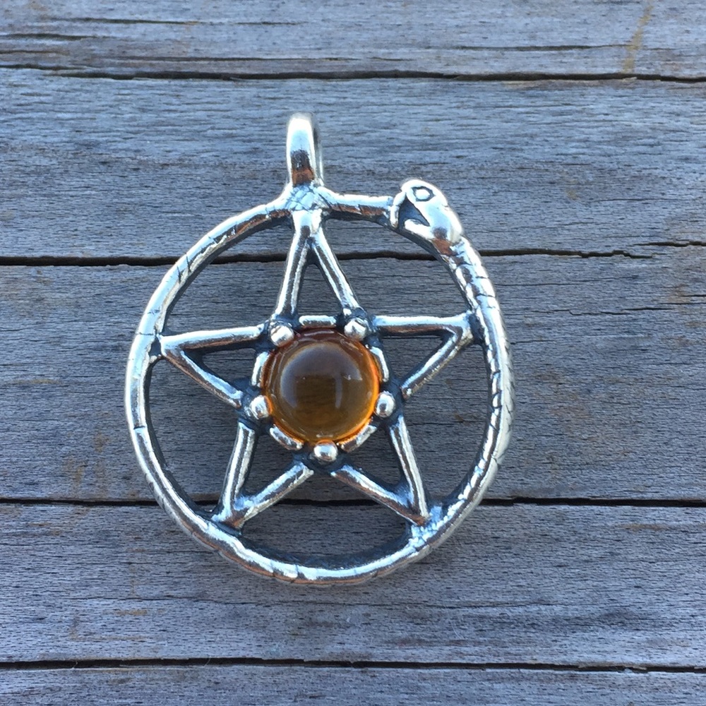 Snake Ouroboros Pentacle .925 Sterling Silver w/ genuine Amber made in USA - Picture 4 of 8